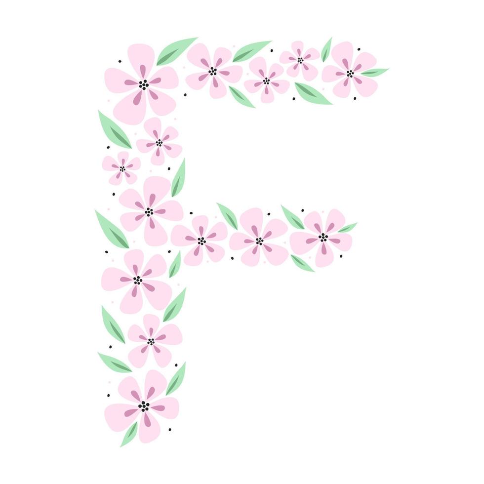 Floral botanical alphabet. Vintage hand drawn letter F. Letter with plants and flowers. Vector lettering isolated on white