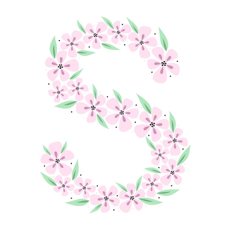 Floral botanical alphabet. Vintage hand drawn monogram letter S. Letter with plants and flowers. Vector lettering isolated on white