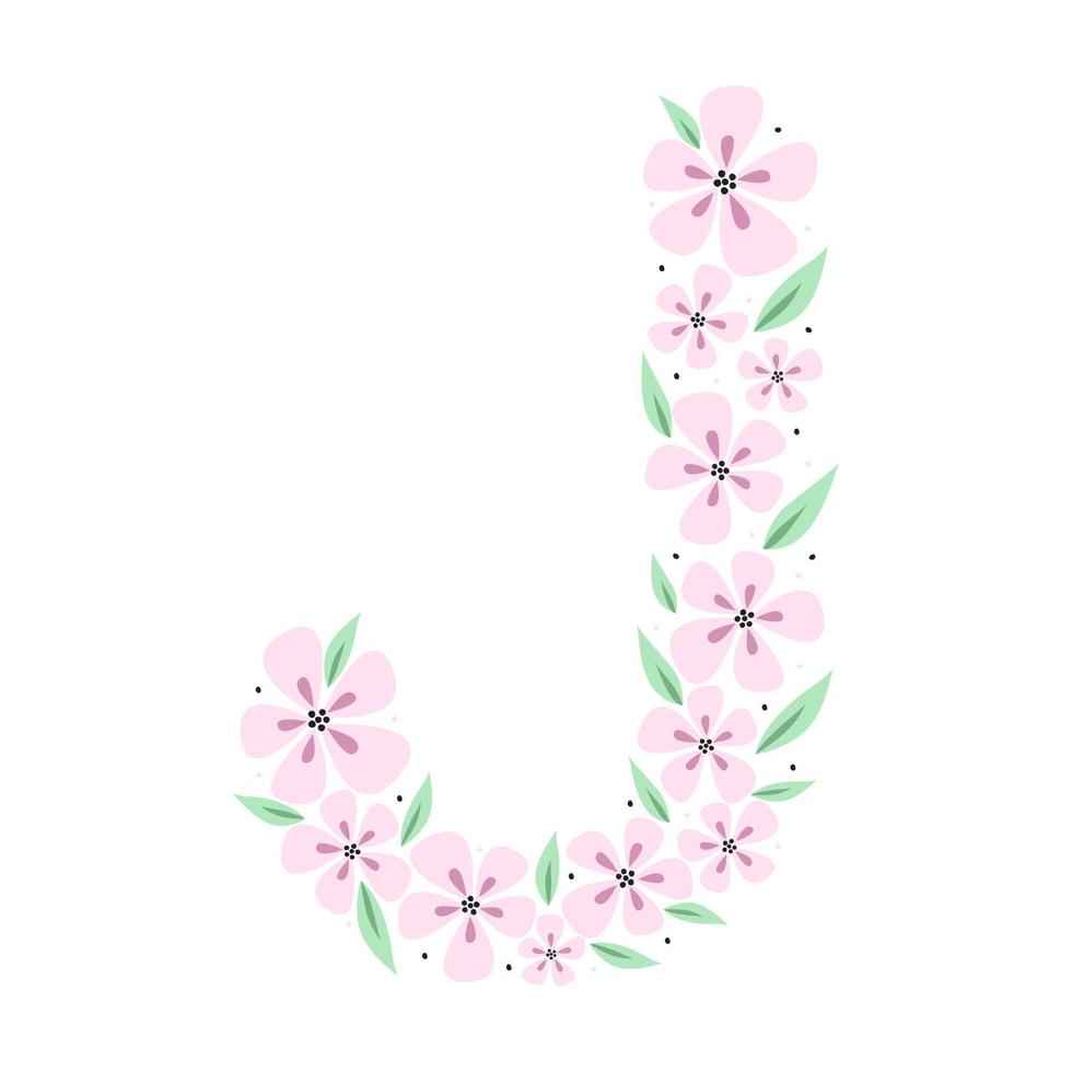 Floral botanical alphabet. Vintage hand drawn monogram letter J. Letter with plants and flowers. Vector lettering isolated on white