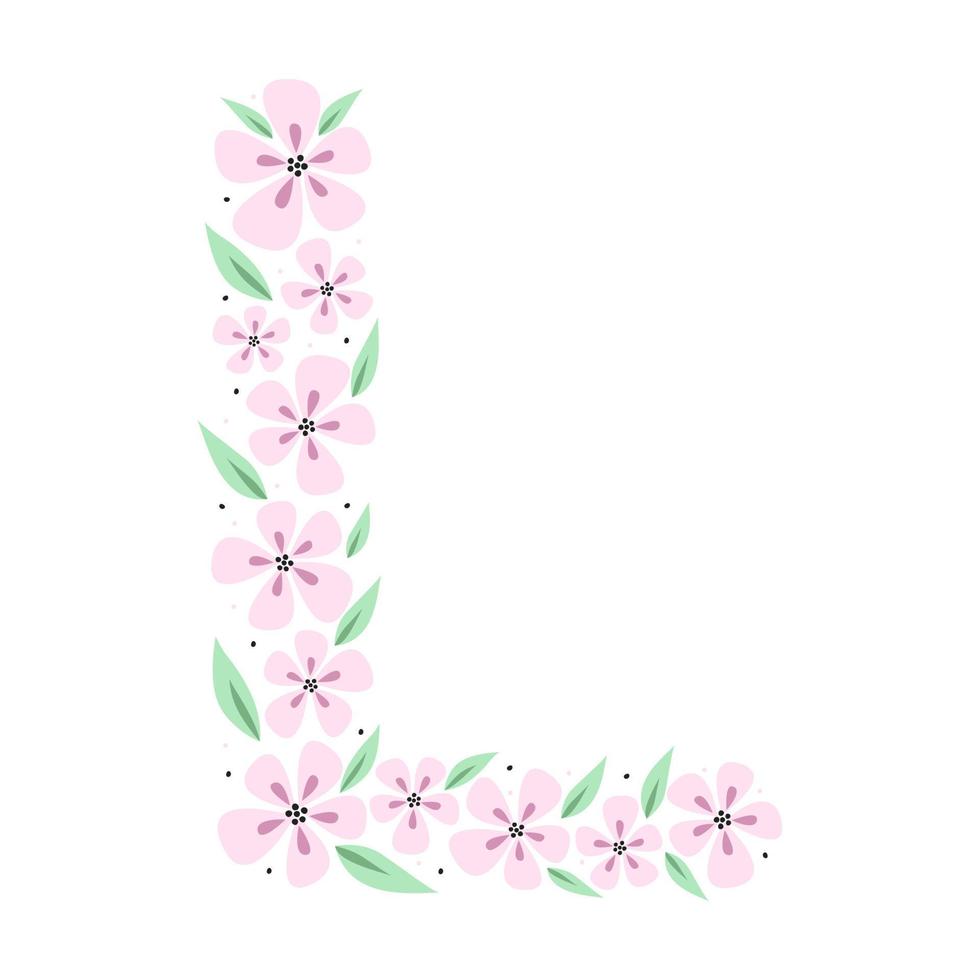 Floral botanical alphabet. Vintage hand drawn monogram letter L. Letter with plants and flowers. Vector lettering isolated on white