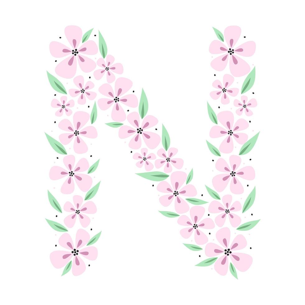 Floral botanical alphabet. Vintage hand drawn monogram letter N. Letter with plants and flowers. Vector lettering isolated on white