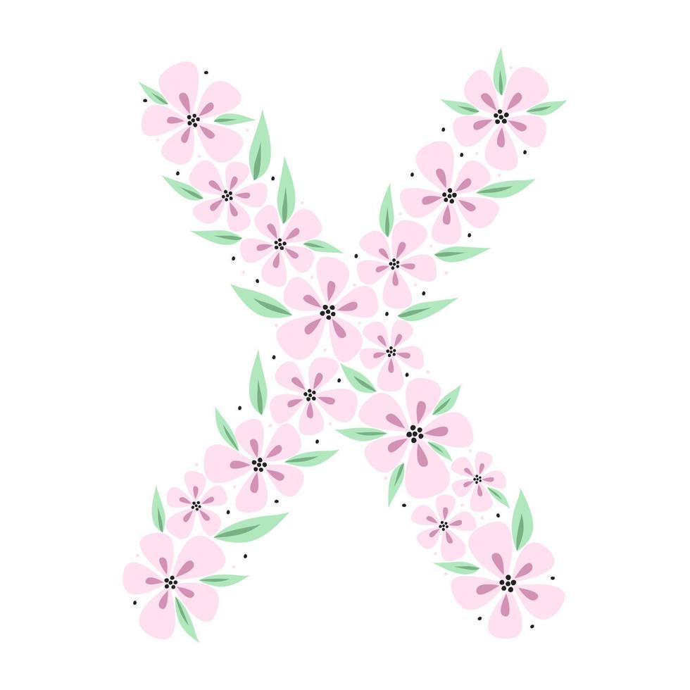 Floral botanical alphabet. Vintage hand drawn monogram letter X. Letter with plants and flowers. Vector lettering isolated on white