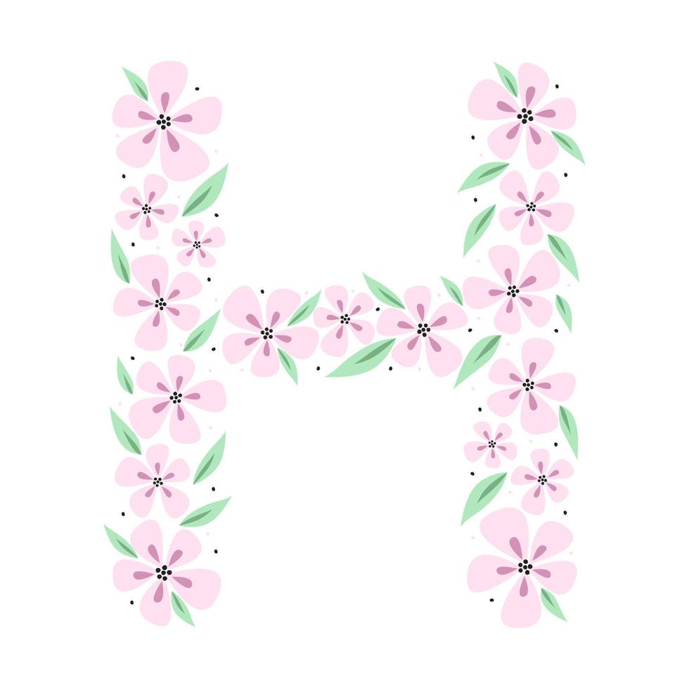 Floral botanical alphabet. Vintage hand drawn monogram letter H. Letter with plants and flowers. Vector lettering isolated on white