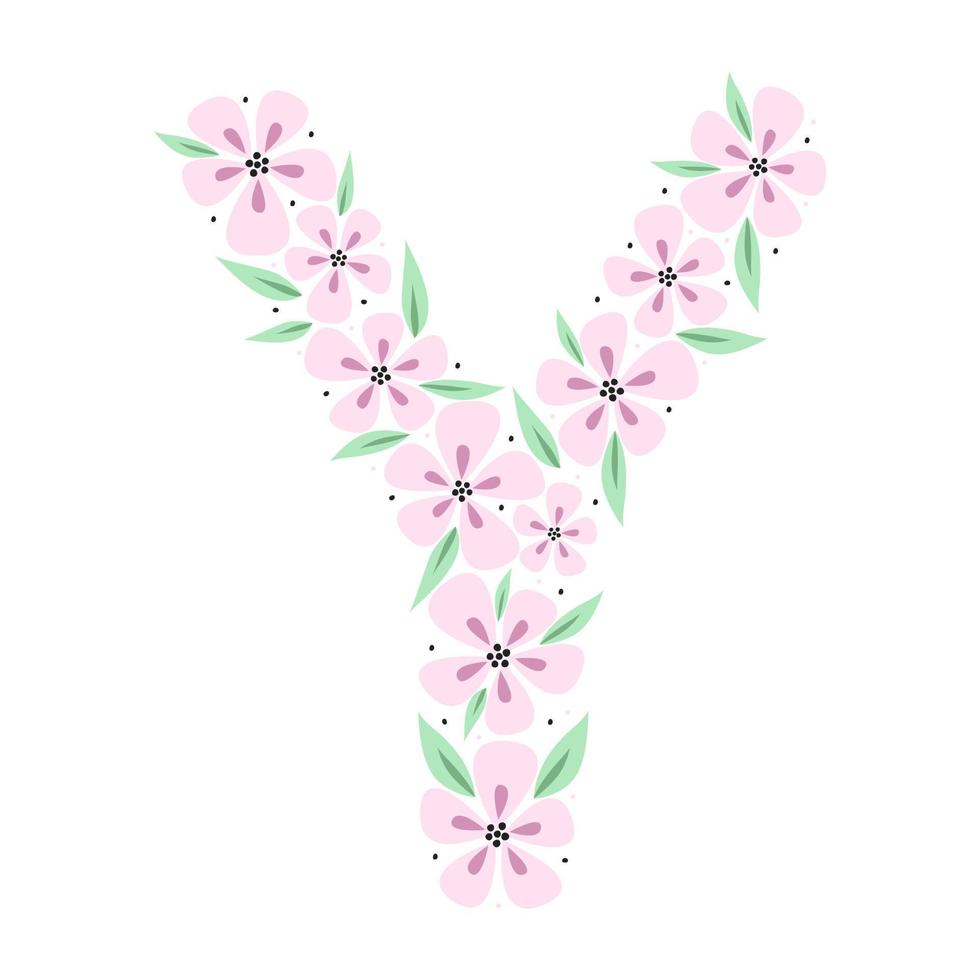 Floral botanical alphabet. Vintage hand drawn monogram letter Y. Letter with plants and flowers. Vector lettering isolated on white
