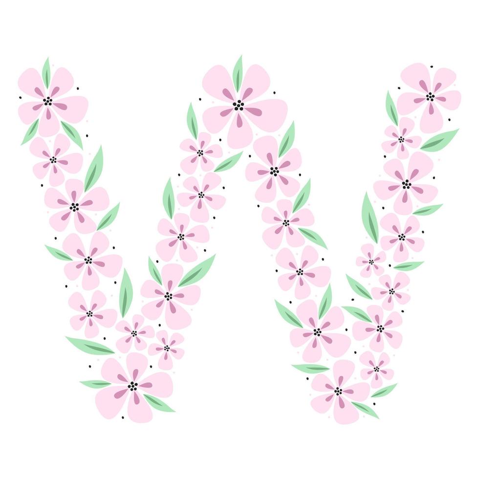 alfabeto botánico floral. letra de monograma dibujada a mano vintage w. carta con plantas y flores. letras vectoriales aisladas en blanco vector
