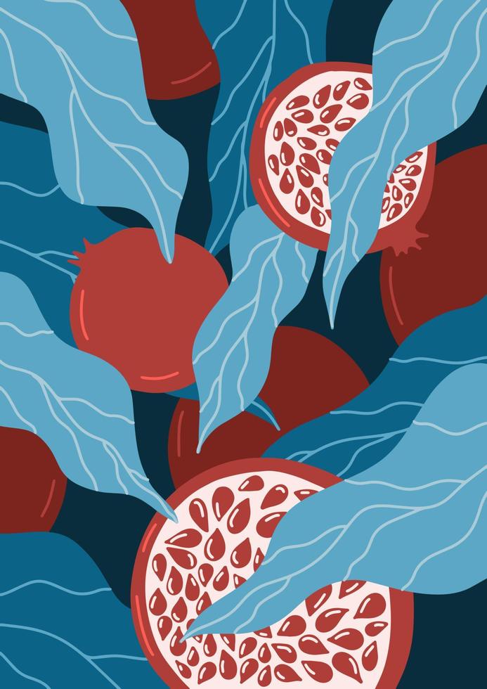 Pomegranate fruit background. Fruits and leaves of Pomegranate tree for social media, postcards, print, poster. Hand drawn Pomegranates. Vector illustration