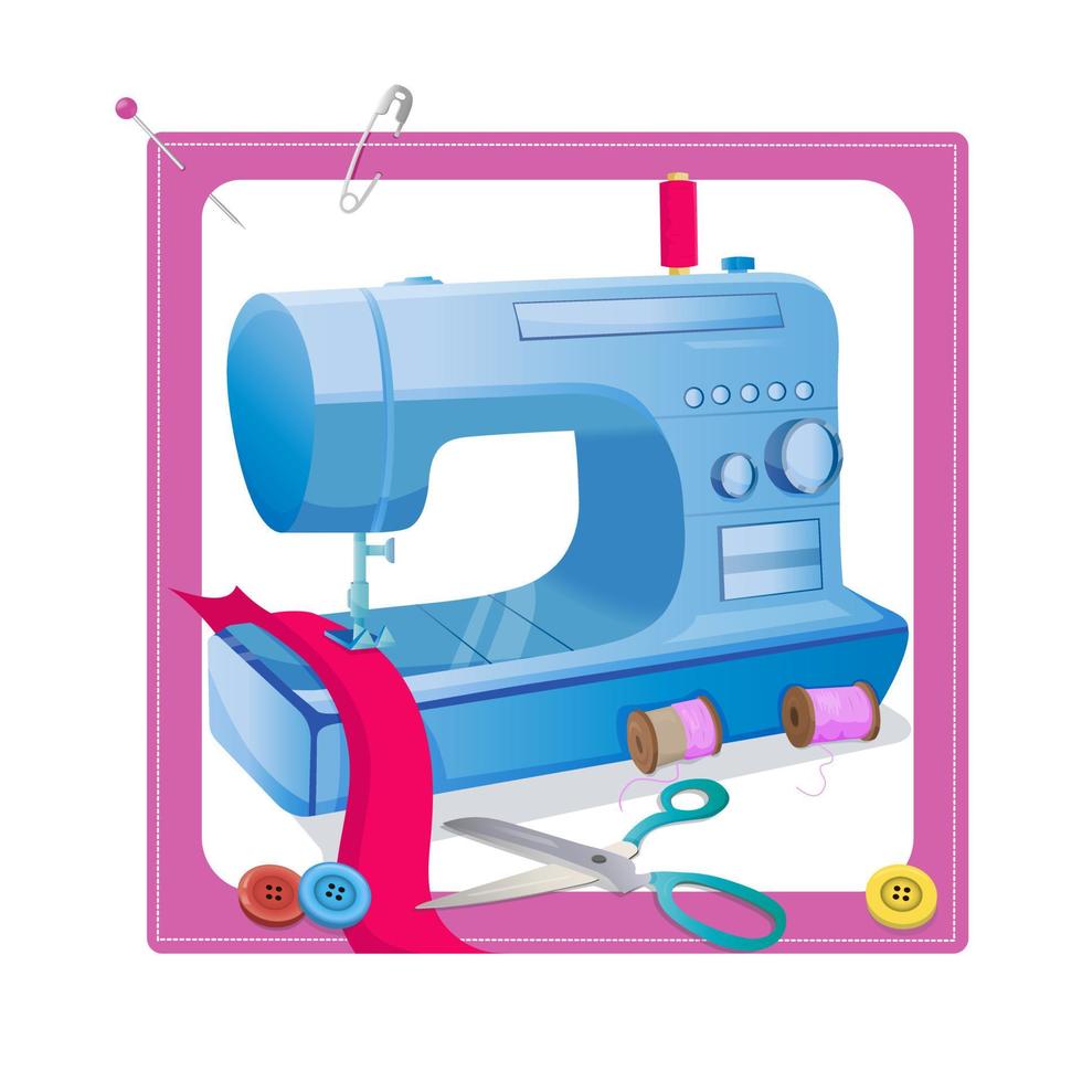 A frame with sewing and knitting accessories. Sewing instruments modern electronic sewing machine, a pincushion with needles, buttons, and threads. vector