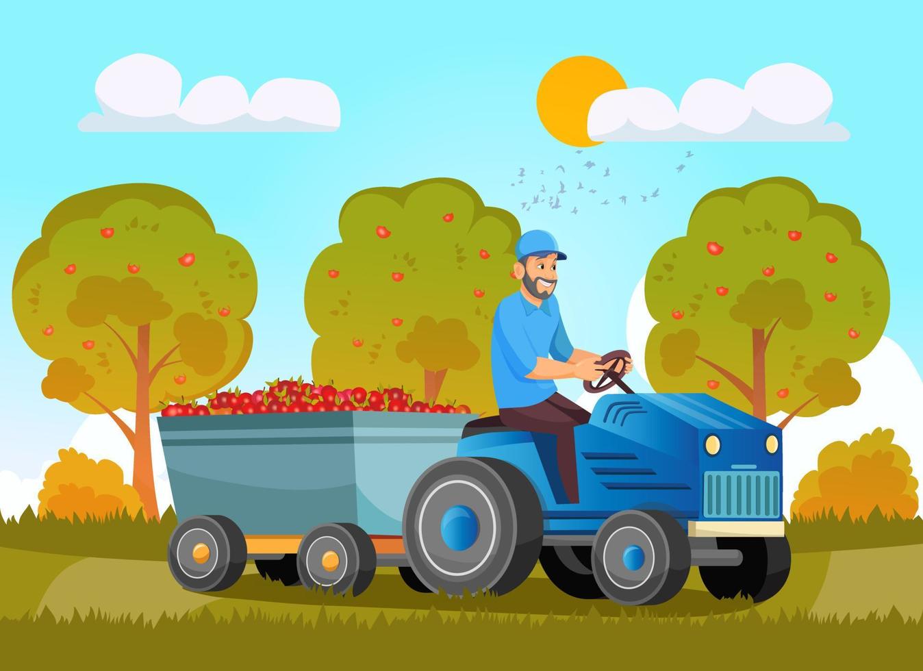 Farmers Loading apples on Tractor Trailer. Local Farm Grown Organic Food, Eco Friendly Seasonal Products. People Producing and Harvesting Natural Production vector