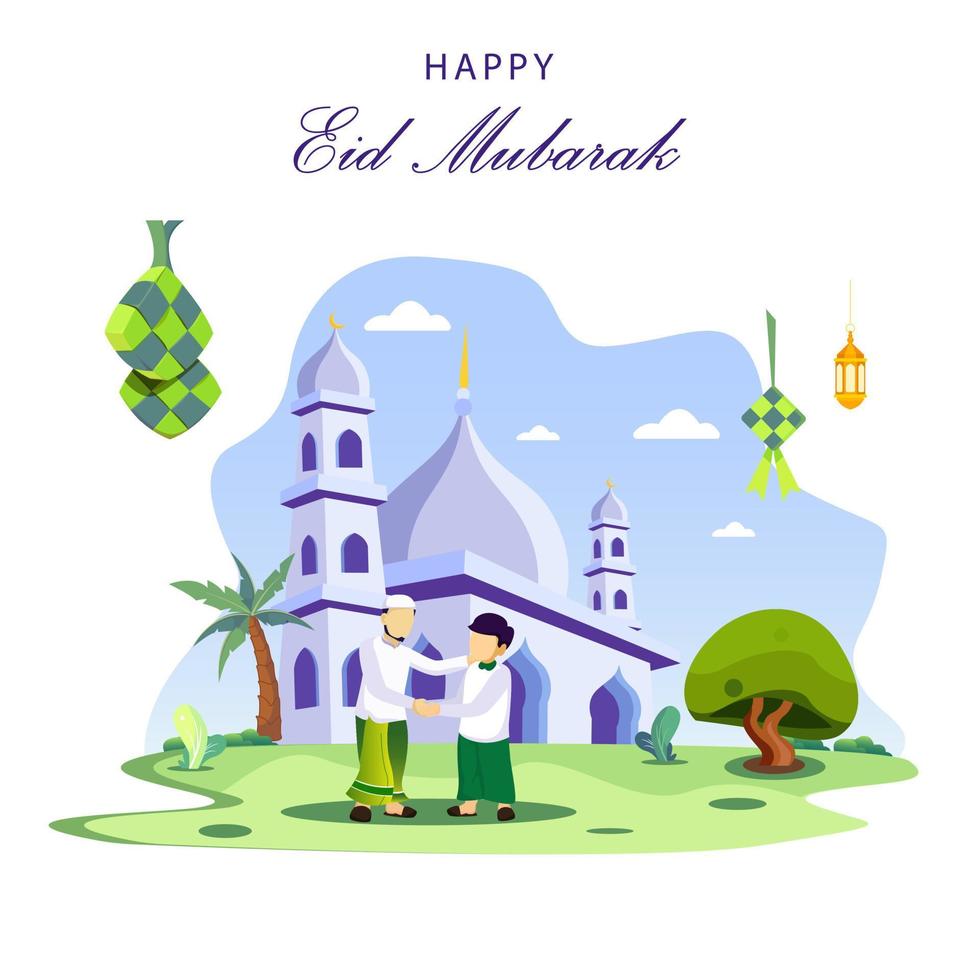 Happy Muslim people celebrate Eid Mubarak by shaking hands in the front of mosque vector illustration.