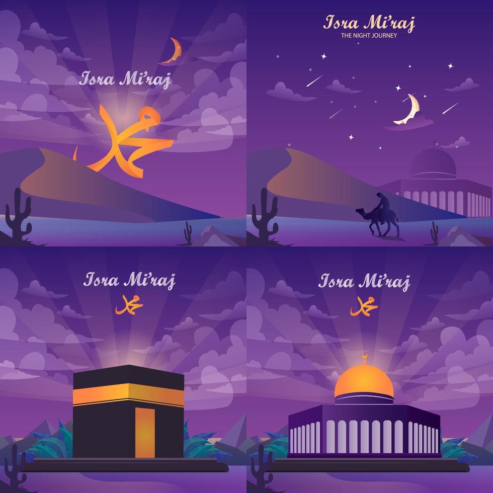 Isra and mi'raj arabic calligraphy - mean, Prophet Muhammad's Night Journey. Flat vector template