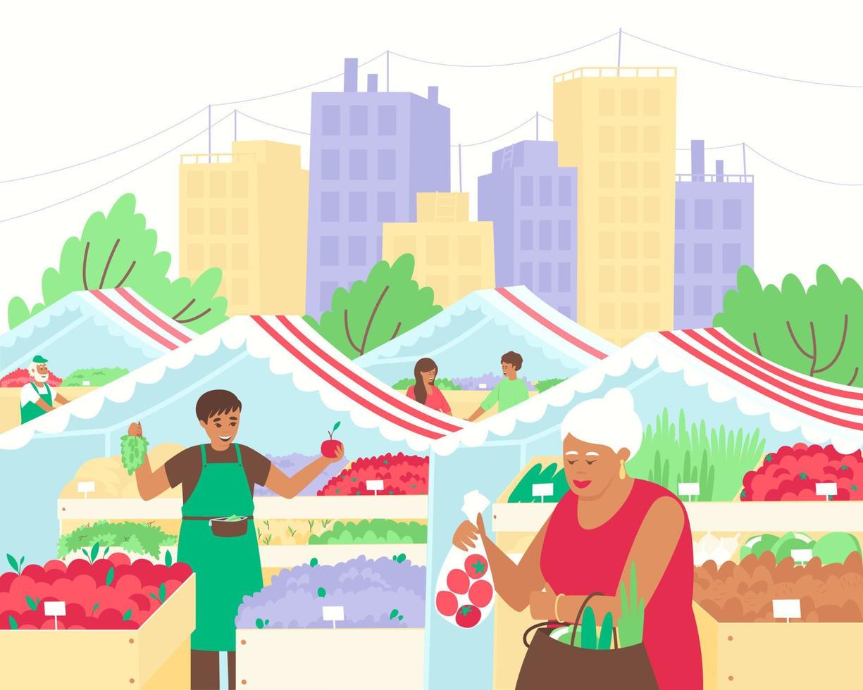 Vegetable market on the square in the city vector