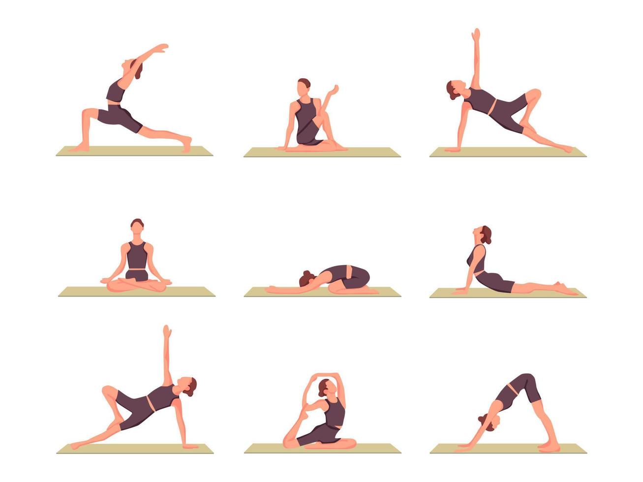Set of slim sporty young women doing yoga fitness exercises vector