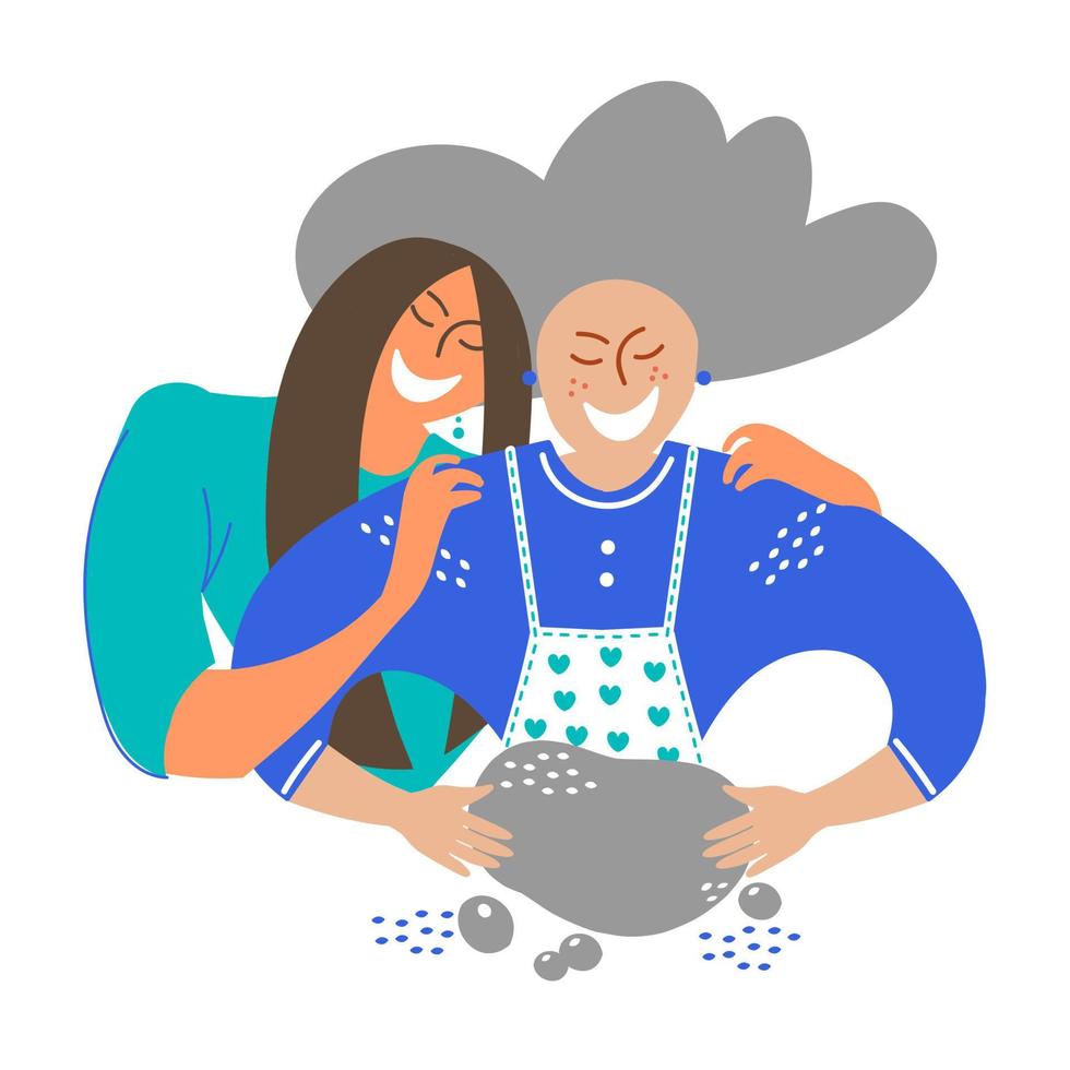 An elderly mother and an adult daughter cook together vector