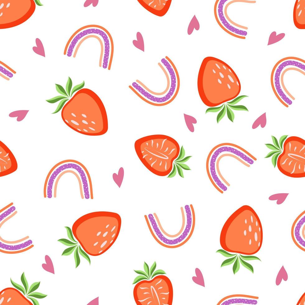 Seamless pattern with strawberries, rainbows and hearts on a white background vector