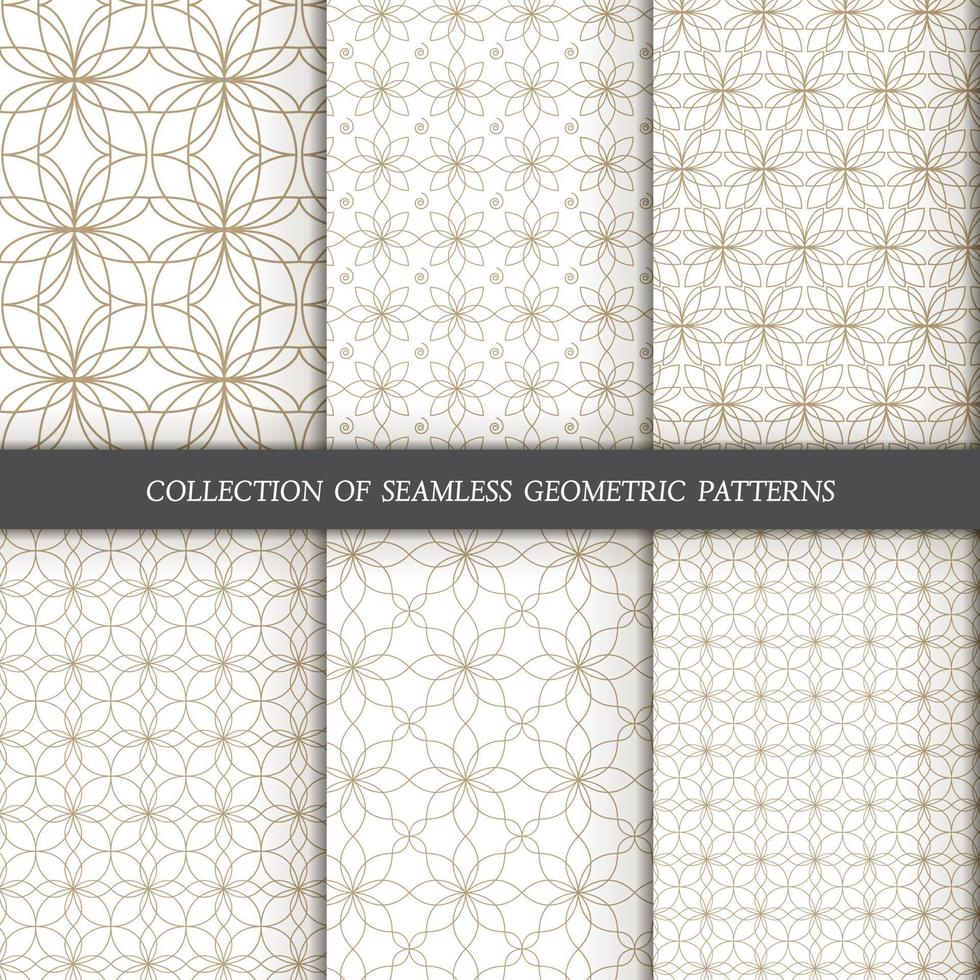 Set of 6 vector seamless patterns. Ornamental gold patterns on a white background.