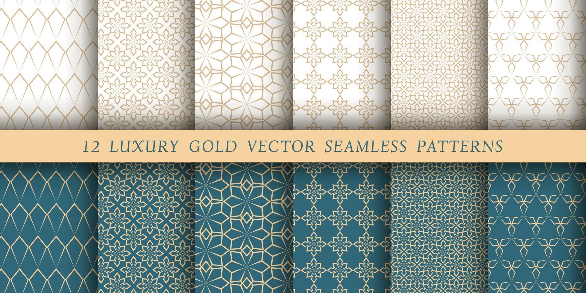 Set of 12 luxurious vector seamless patterns. Geometrical patterns on a white and emerald background. Modern illustrations for wallpapers, flyers, covers, banners, minimalistic ornaments, backgrounds.