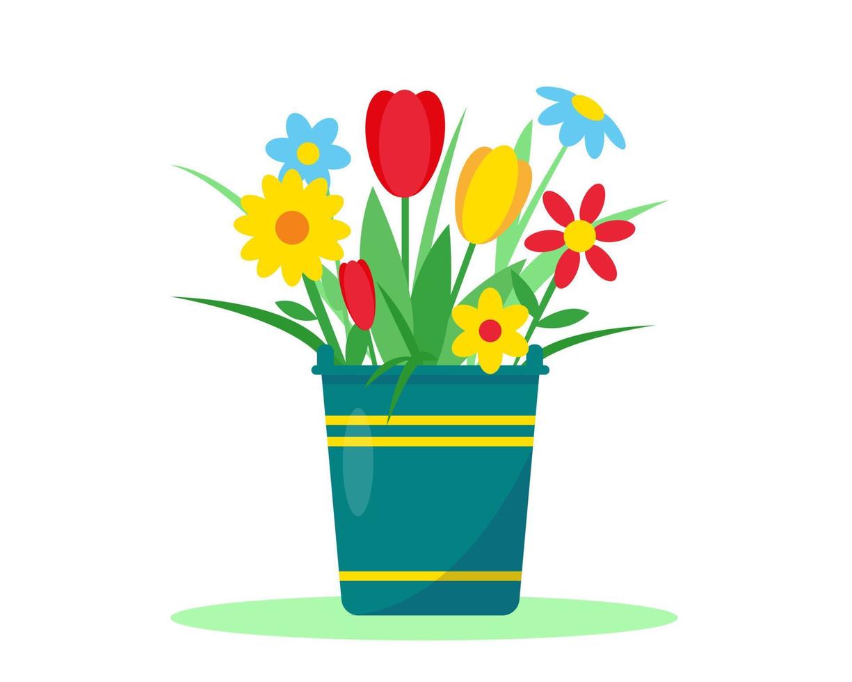 Garden bucket with flowers on white background. Spring or summer gardening icon vector illustration.
