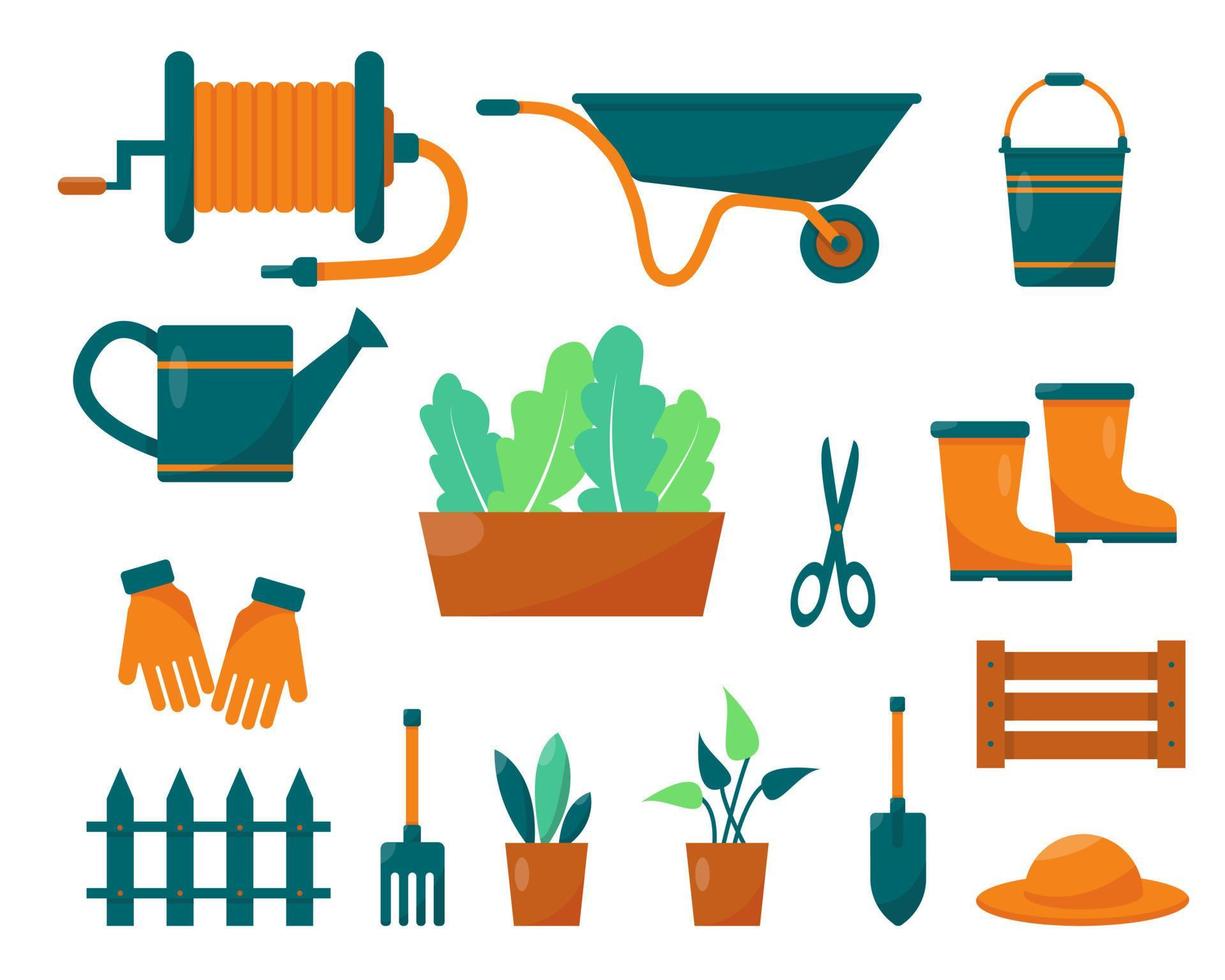 Set of gardening tools and plants. Vector illustration of elements or icons for gardening and farming.