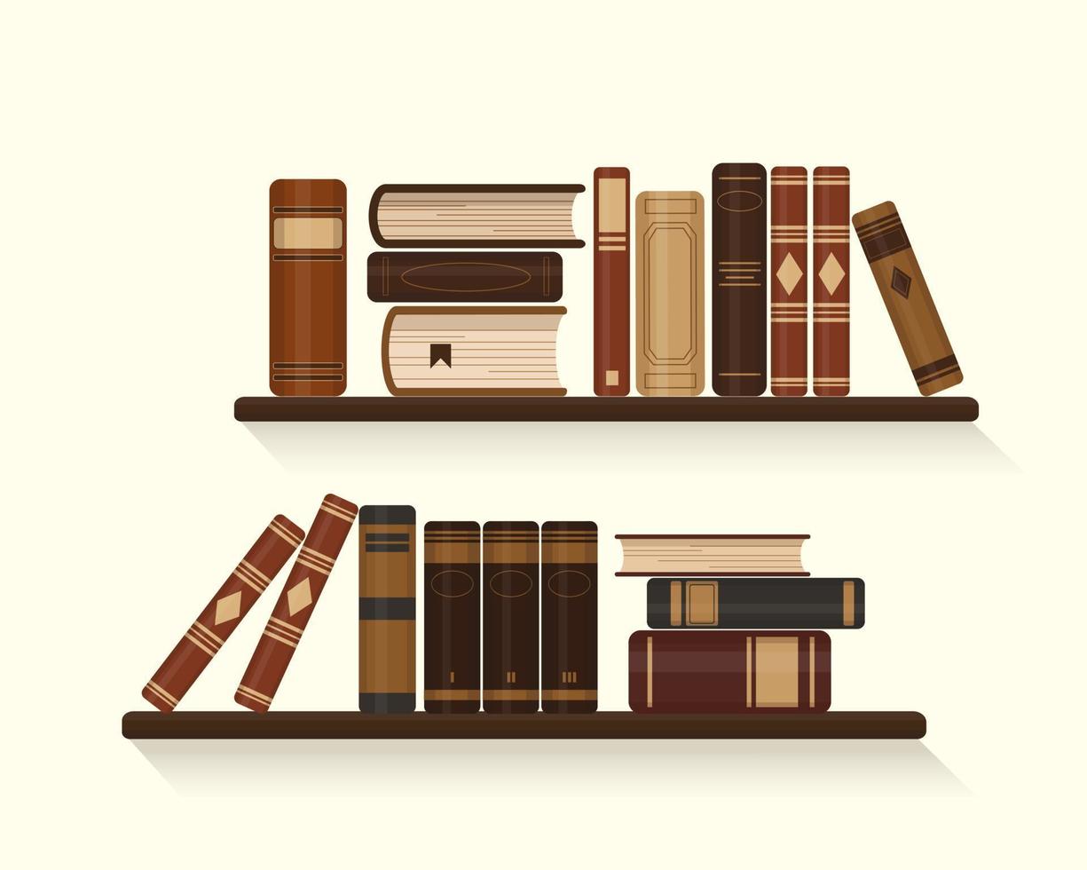 Two bookshelves with old or historical brown books. Vector illustration.