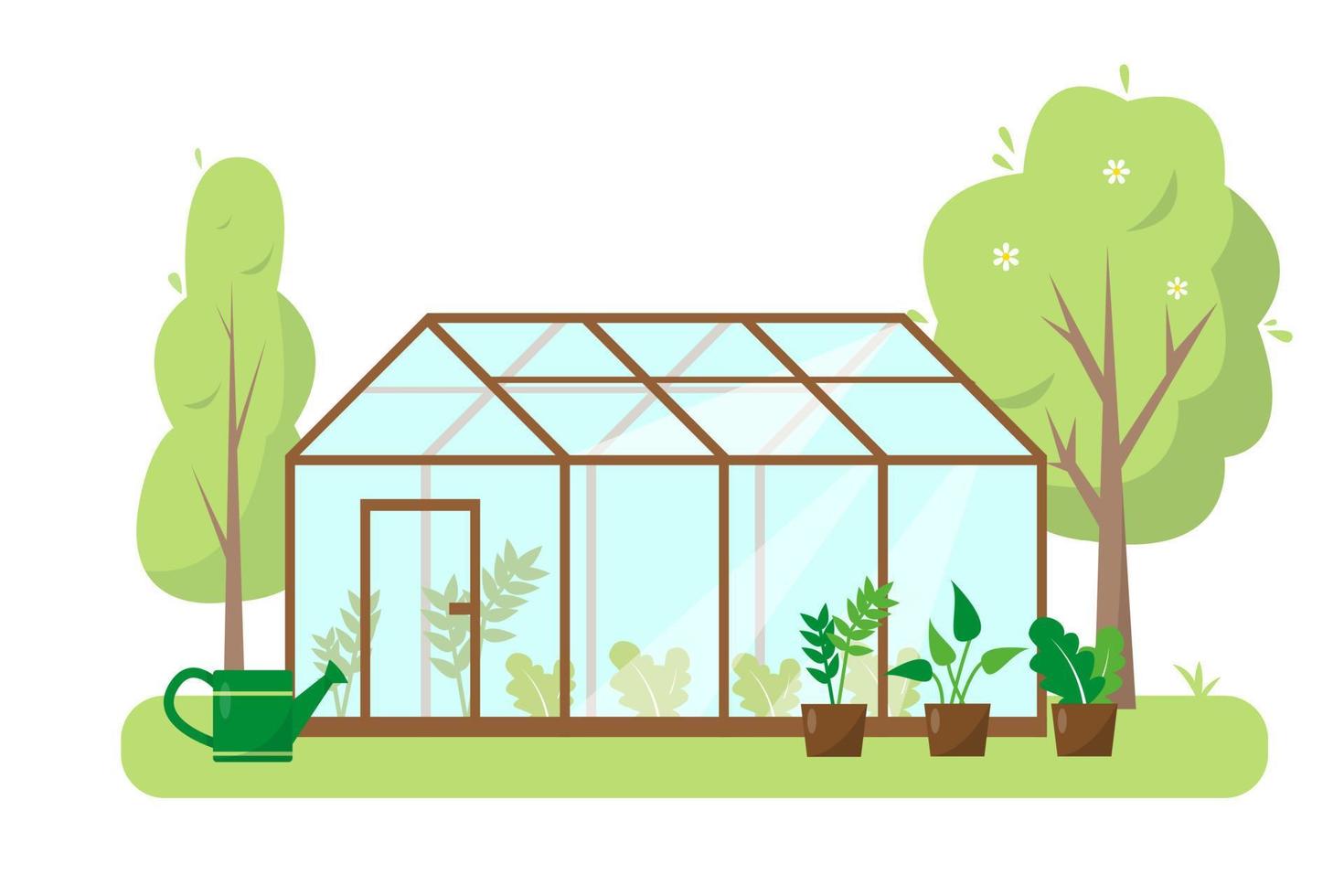 Greenhouse with plants and trees in garden. Spring or summer banner