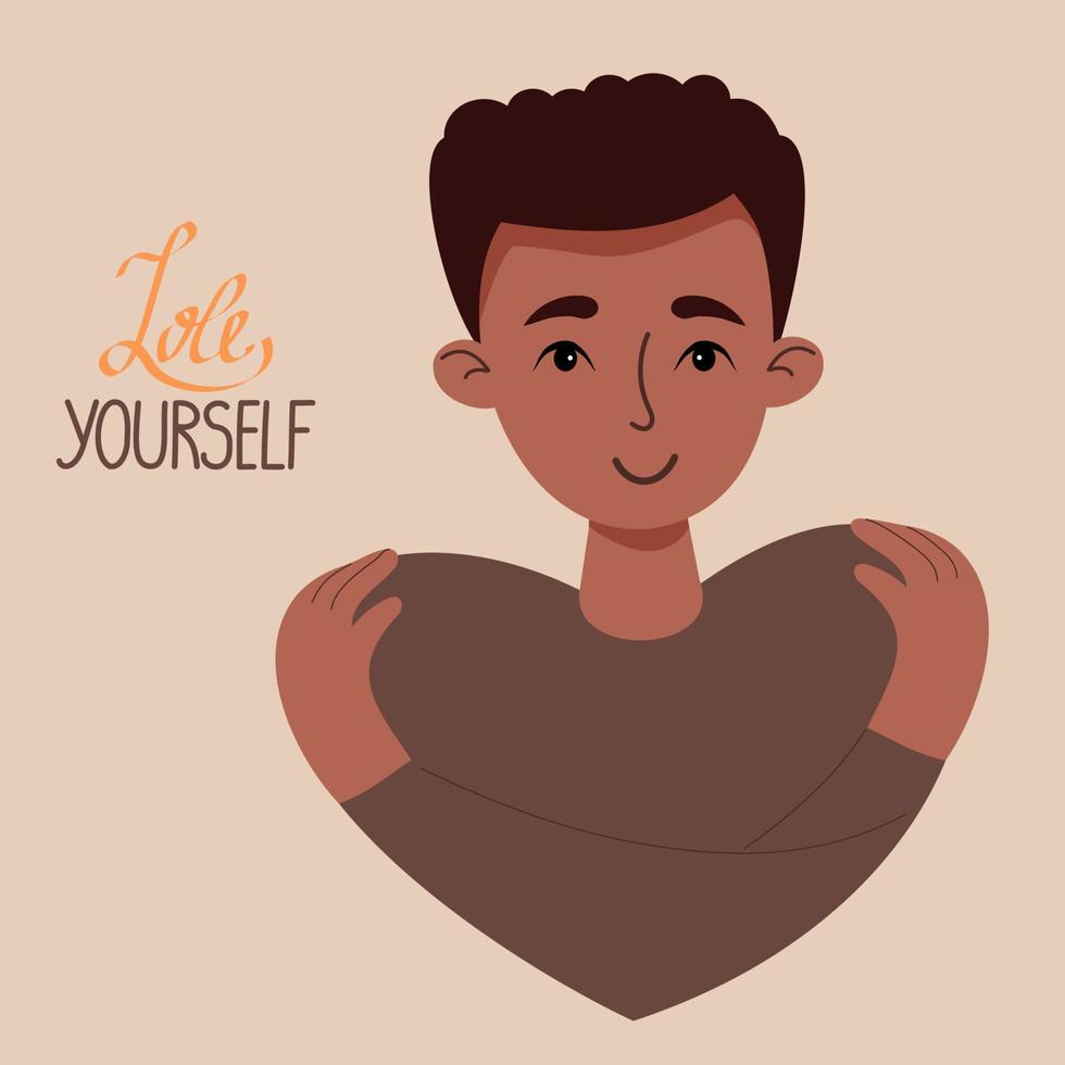 cartel ámate a ti mismo. un joven de piel oscura con corte de pelo se abraza a sí mismo. concepto ámate a ti mismo y encuentra tiempo para ti y cuídate. ilustración vectorial lindo personaje masculino étnico en estilo plano vector