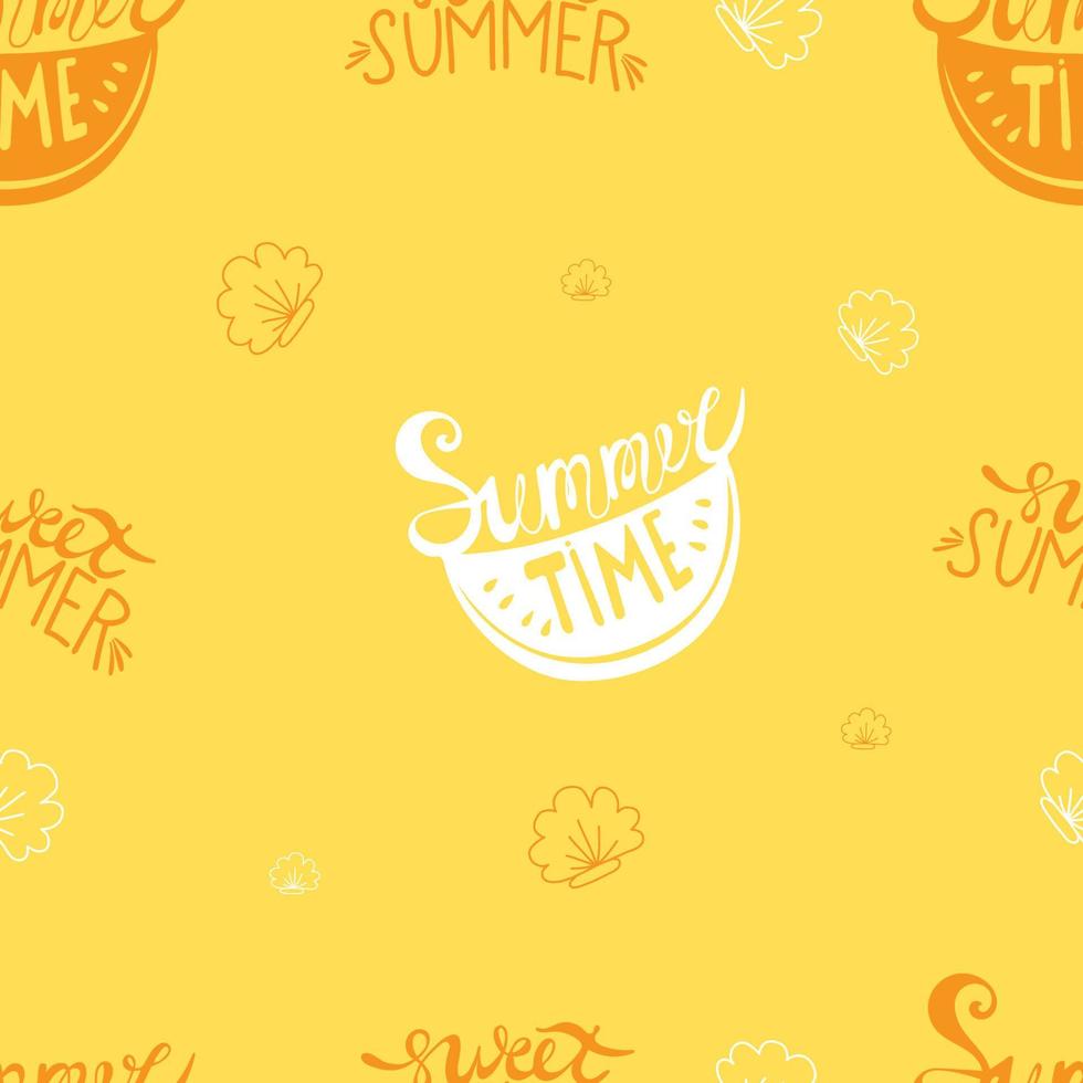 Summer time and sweet summer. Seamless summer pattern. slice of watermelon with an inscription on yellow background with seashells. Vector illustration for design, decor, wallpaper, textile, print