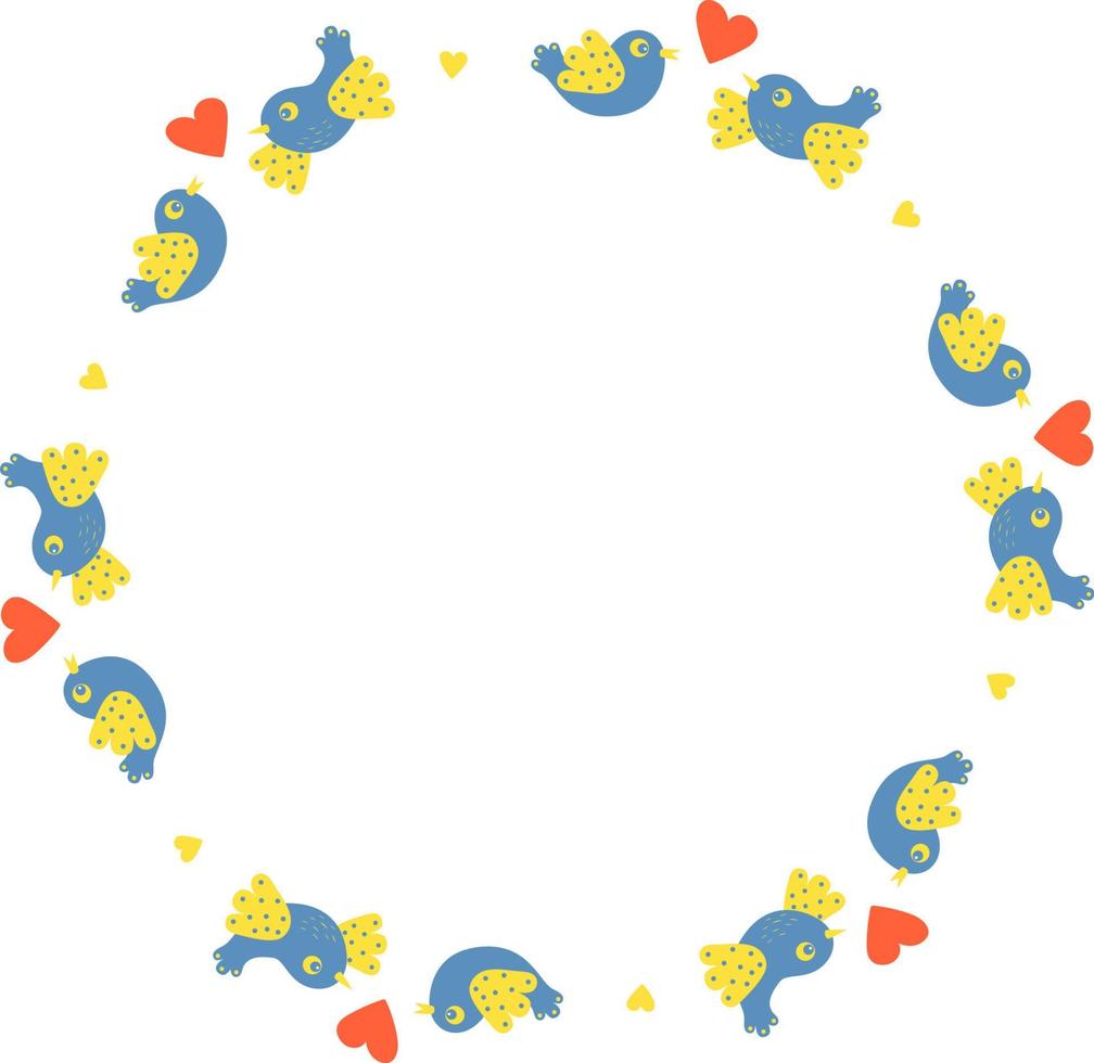 Round frame with birds and heart. Vector illustration. Round frame for decor, design, print, napkins