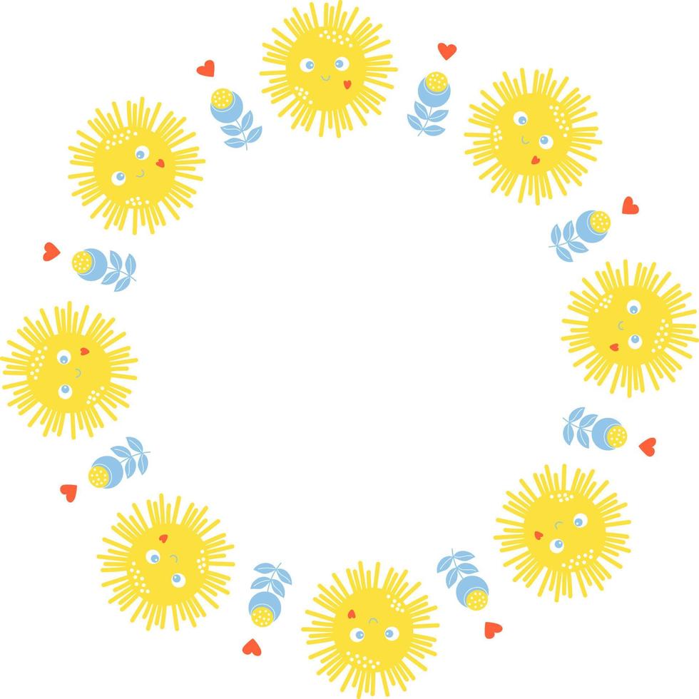 Round frame with sun and flower. Vector illustration. Round frame for decor, design, print, napkins