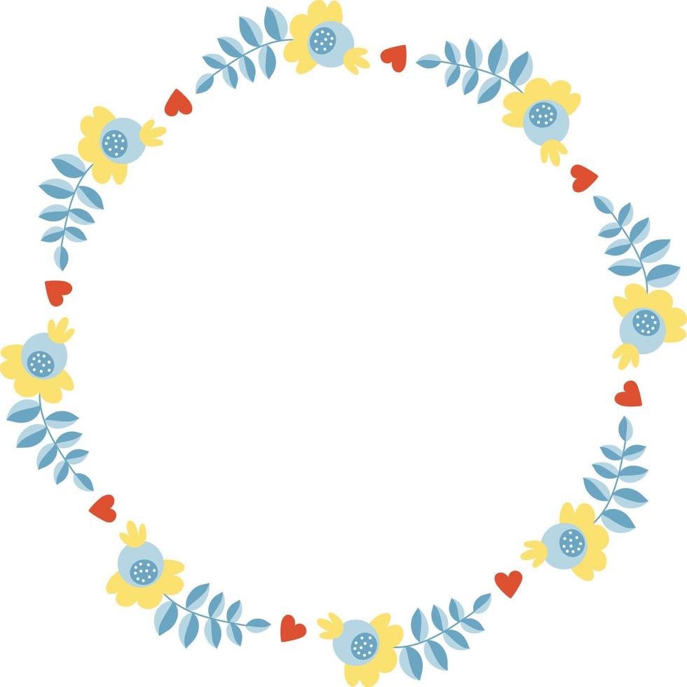 Round frame with flowers and hearts. Vector illustration. Round frame for decor, design, print, napkins
