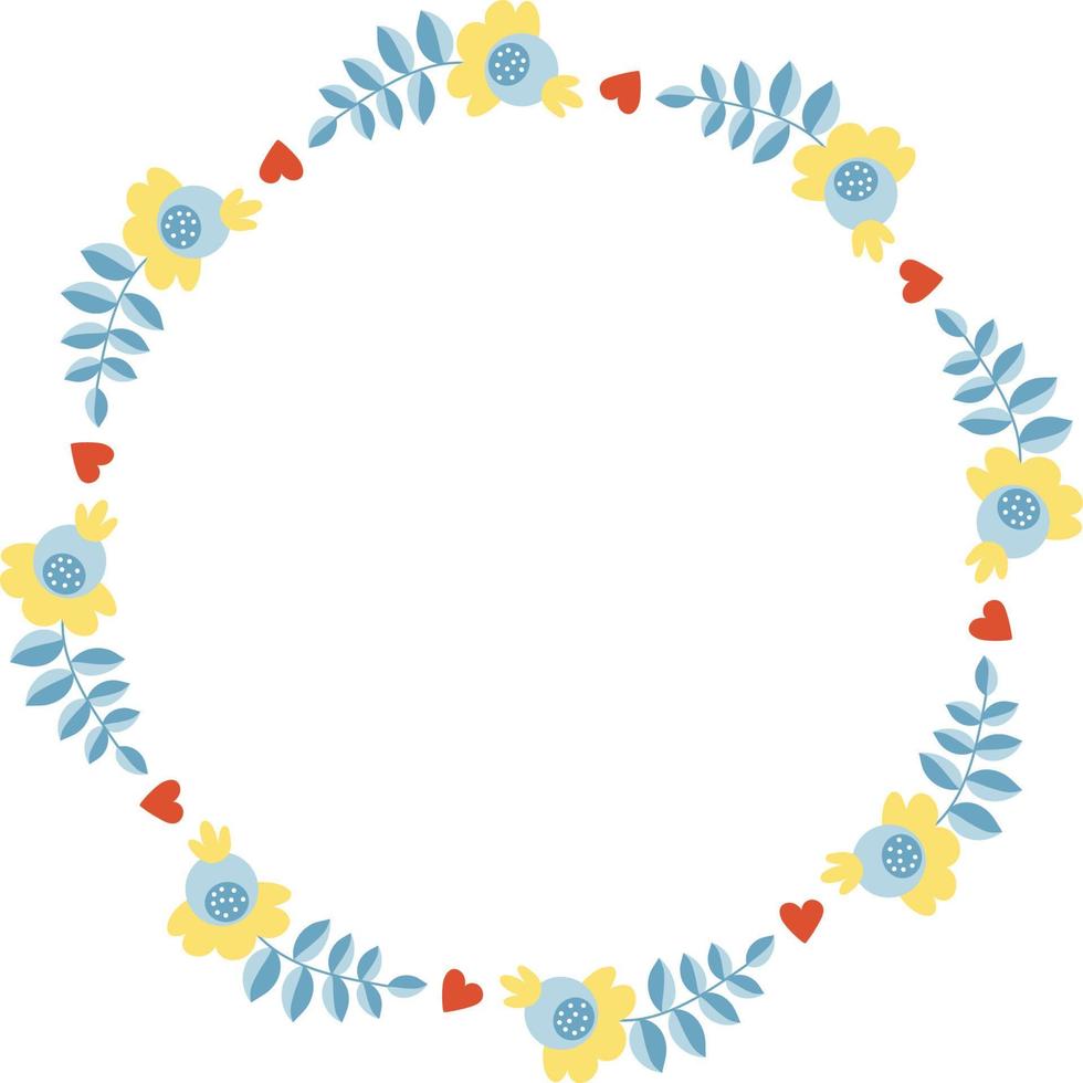 Round frame with flowers and hearts. Vector illustration. Round frame for decor, design, print, napkins