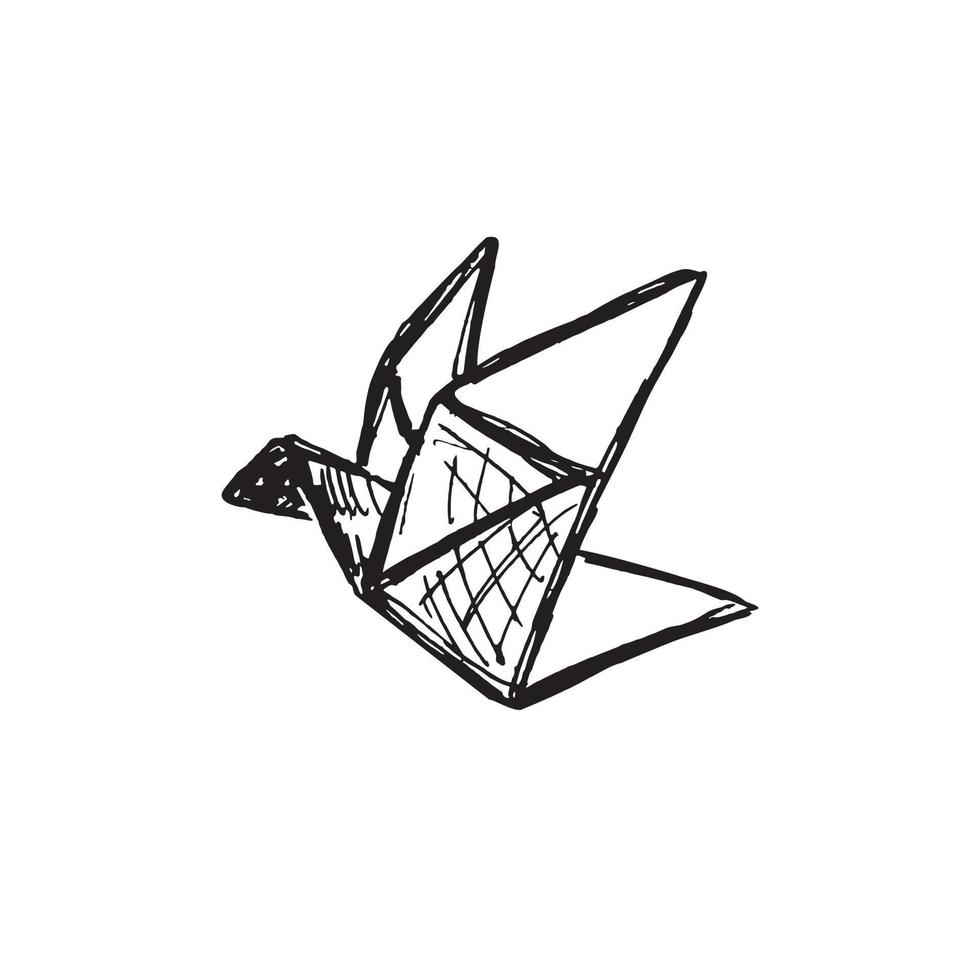 estilo de boceto de origami de grúa dibujada a mano, ilustración vectorial aislada en fondo blanco. líneas negras monocromáticas, elemento de diseño, garabato. pájaro de origami, contorno vector