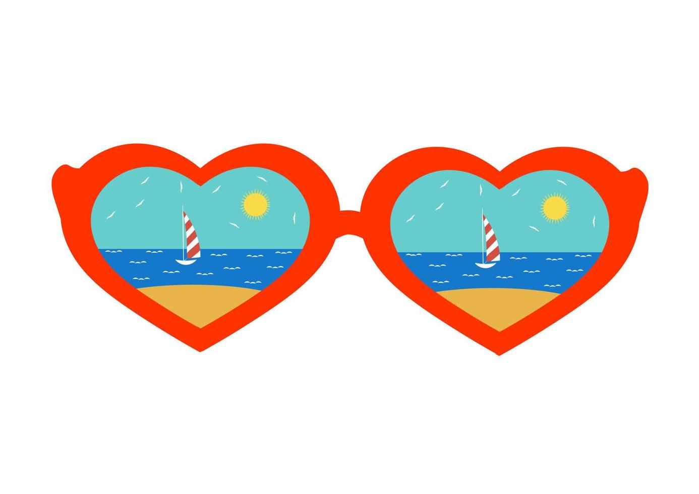 Glasses in the shape of hearts with the reflection of the beach. vector