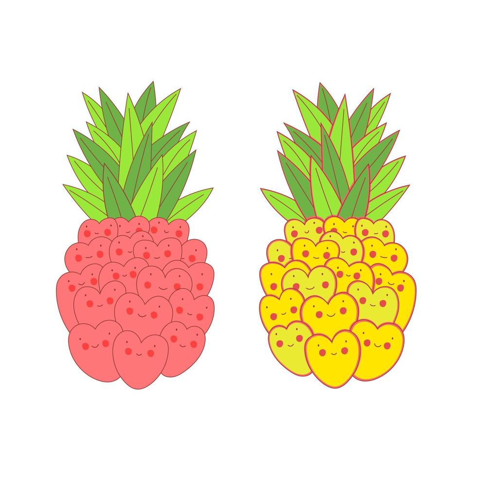Pineapple love heart set with yellow and pink color vector
