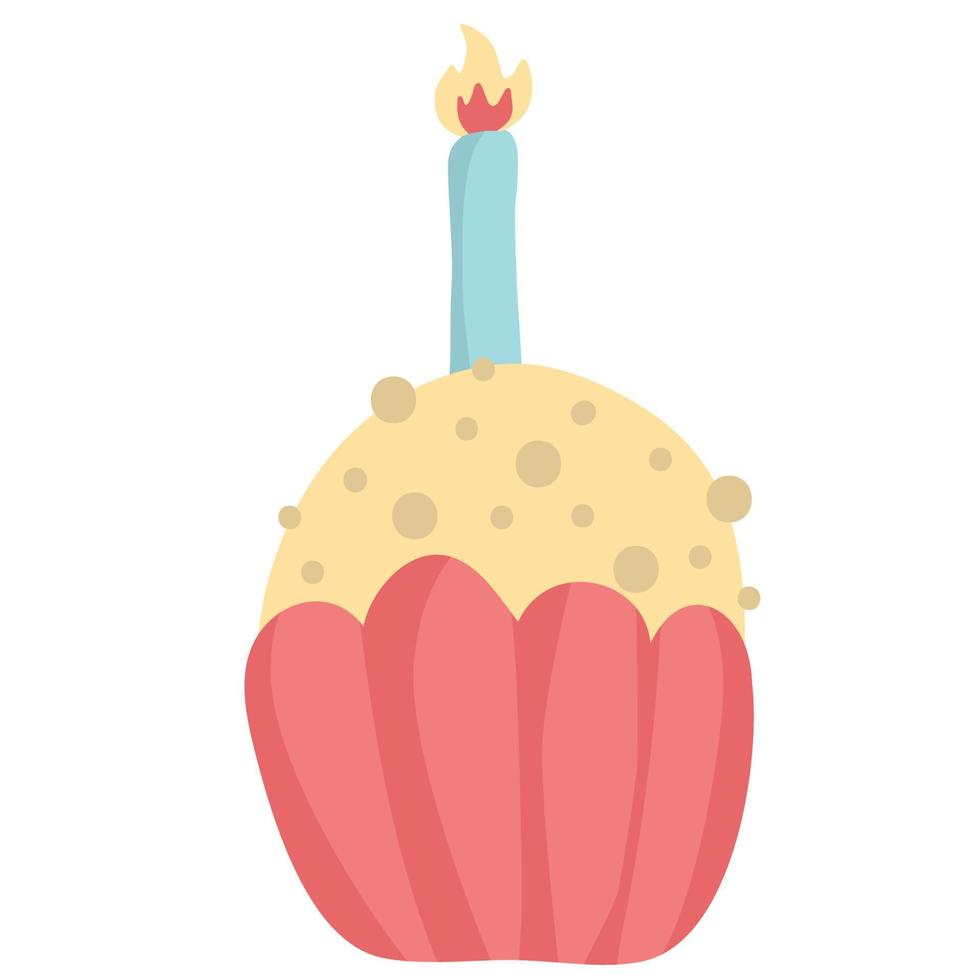 Flat cupcake with cream with a burning holiday candle. Cartoon festive cake for a wedding, birthday,  isolated. Holiday sweets.  Hand drawn celebrate element vector illustration