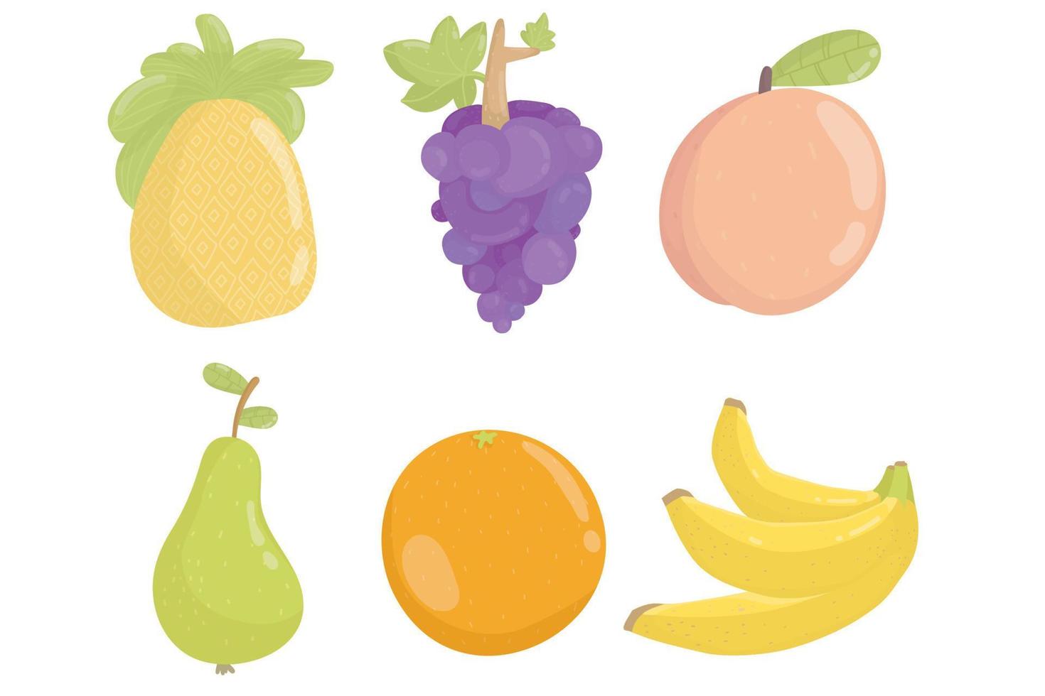 Set cartoon fruit icons pineapple, grape, peach, pear, orange, banana. symbol of summer. Flat tropic set. Vector illustration, isolated on white.