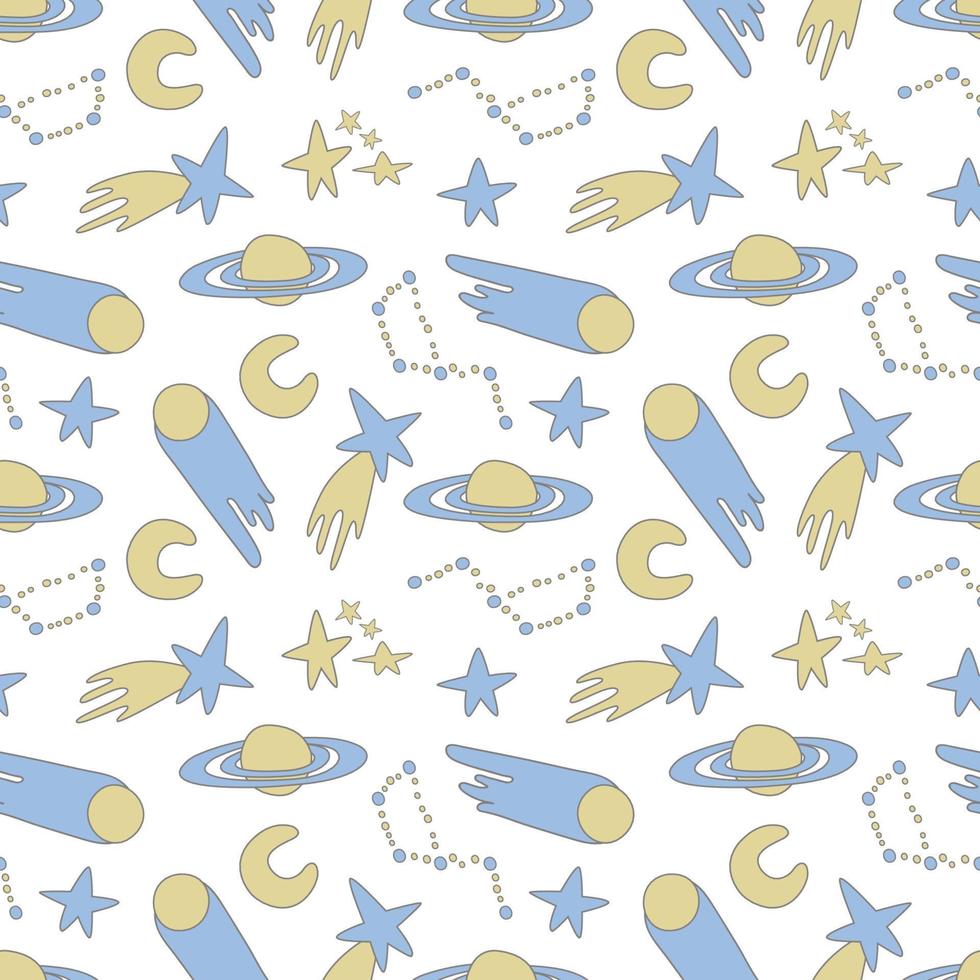 Galaxy cosmic seamless pattern with planets, stars and comets. Childish vector hand drawn cartoon illustration in simple sticker style