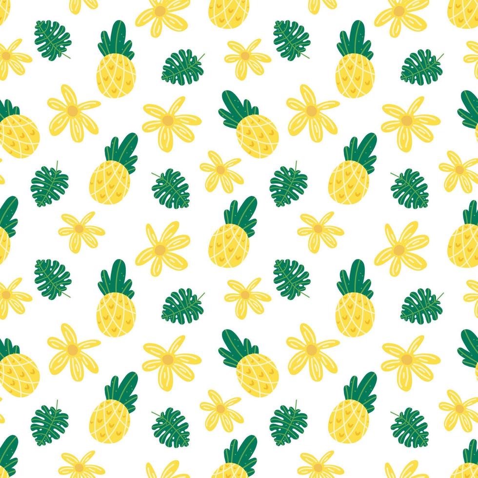 Pineapple flowers seamless vector pattern. Repeating vacations, tropics, exotic background with summer fruit. Use for fabric gift wrap packaging. Hawaii t-shirt