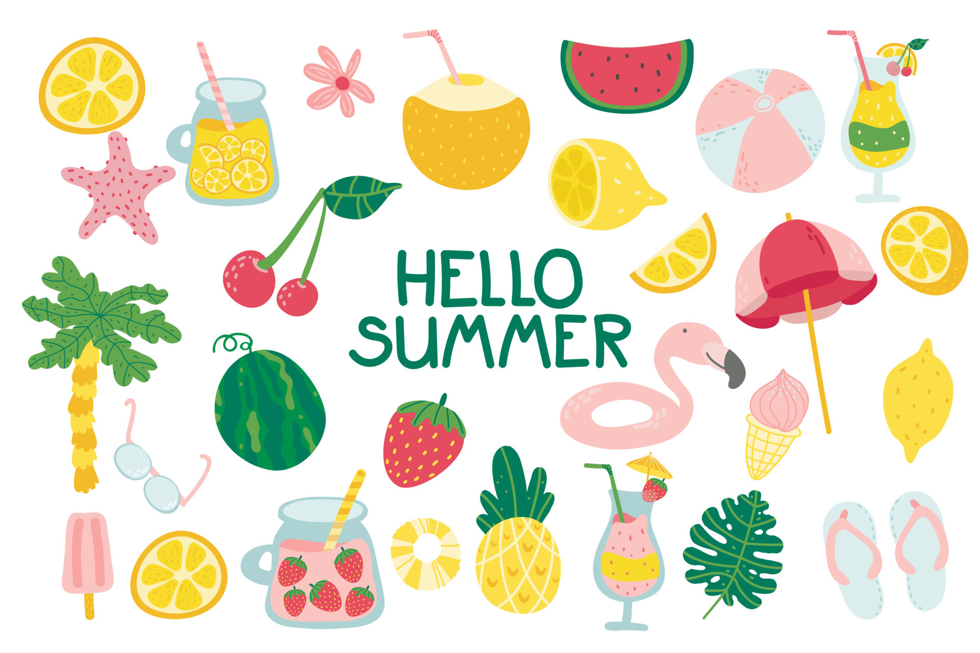 hello summer. Set of cute summer icons. Drawning flat cartoon cocktail, juice, ice cream, fruits, flowers, palm trees. Hand drawn flat cartoon. summertime poster, card, scrapbooking, tag, invitation 7383612 Vector Art at hello summer. Set of cute summer icons. Drawning flat cartoon cocktail, juice, ice cream, fruits, flowers, palm trees. Hand drawn flat cartoon. summertime poster, card, scrapbooking, tag, invitation 7383612 Vector Art at