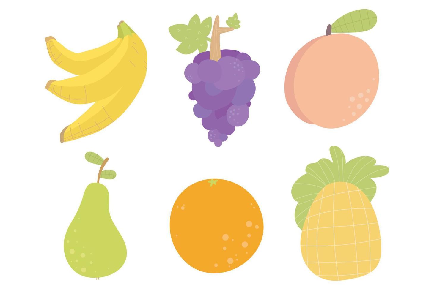 piña, plátano, piña, naranja, melocotón, pera. colección de dibujos animados de frutas divertidas vector
