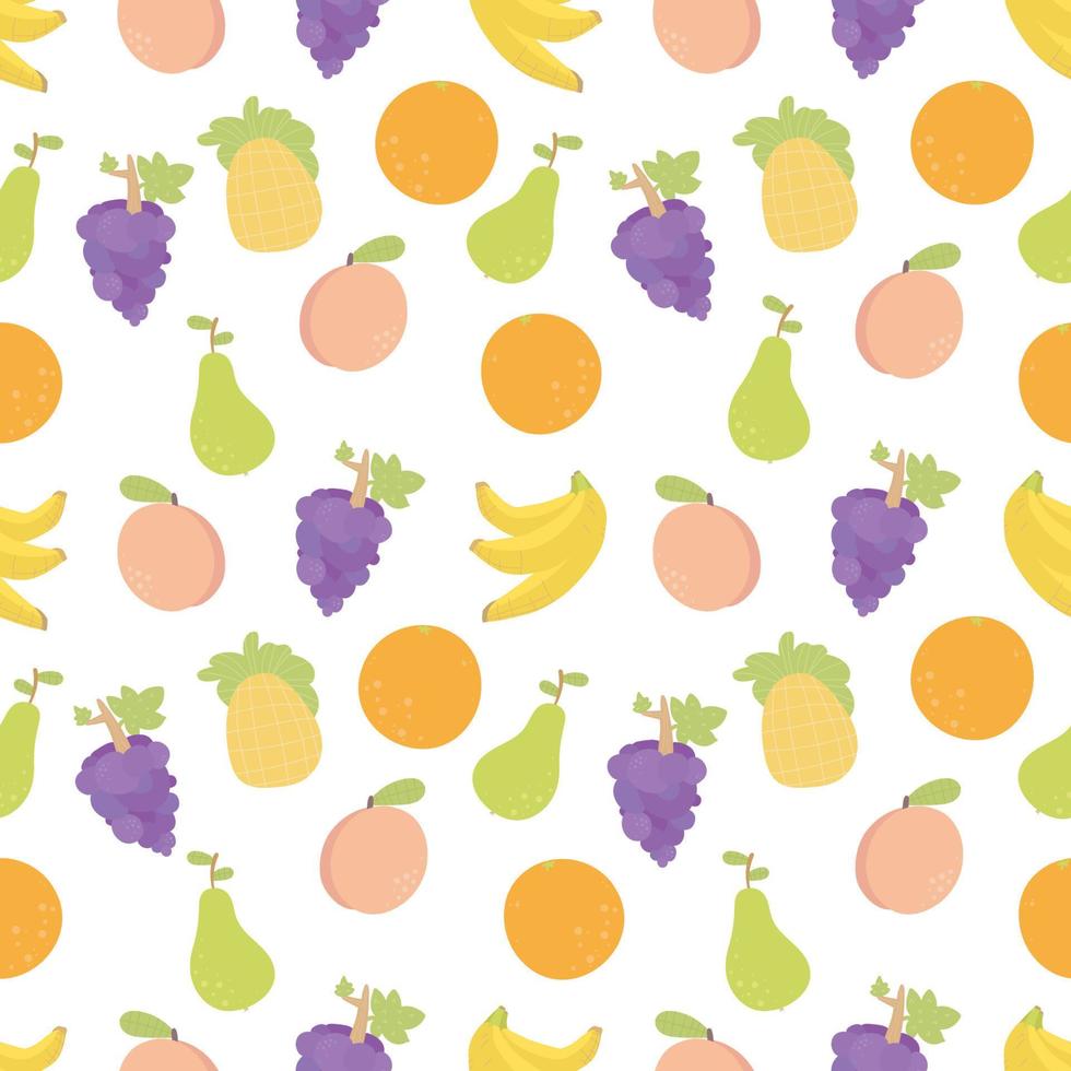 fruta divertida de dibujos animados de patrones sin fisuras. fondo de frescura. piña, plátano, piña, naranja, melocotón, pera. vector