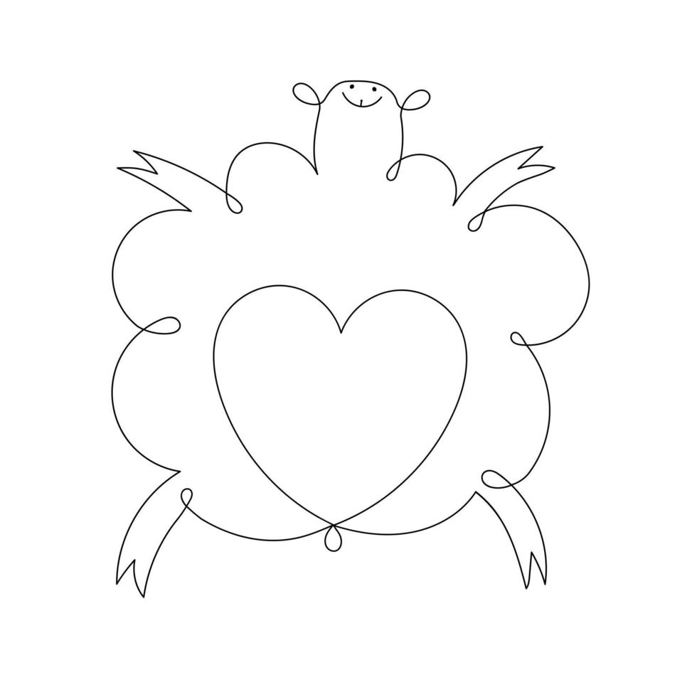 Cute lamb with a heart on its belly vector linear illustration. Sheep in continuous line art drawing style.