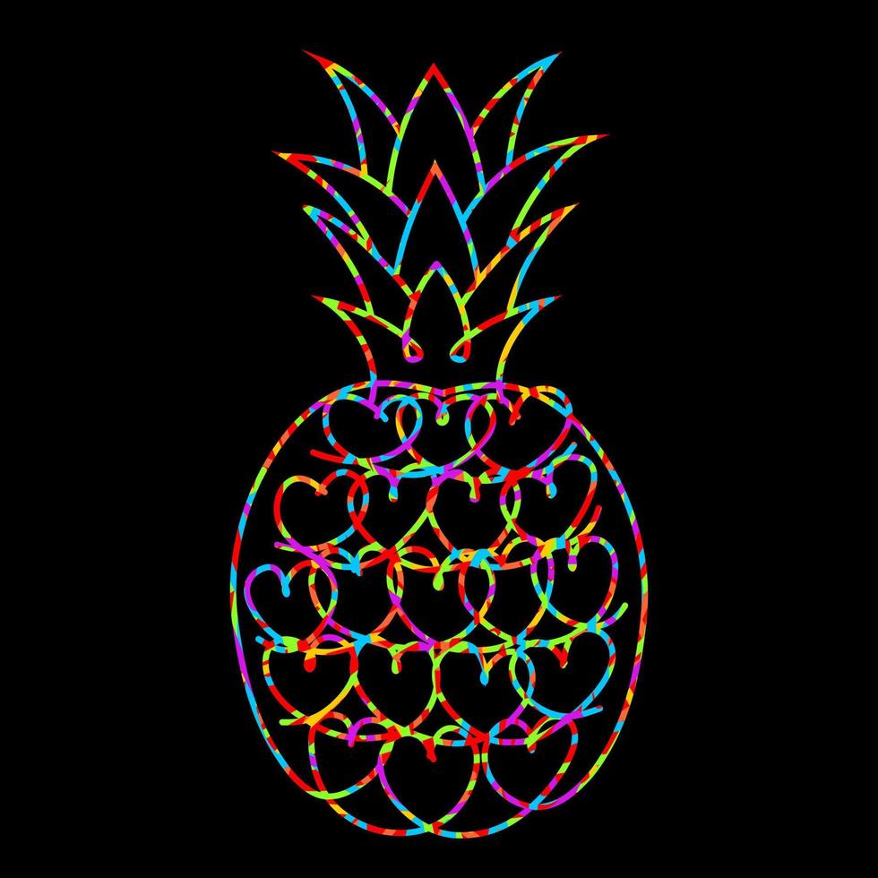 Pineapple vector illustration. Multicolored pineapple in hearts on black background.