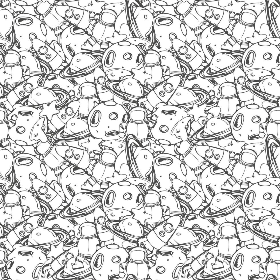 Funy space seamless pattern with rocket, moon, planets and stars isolated on white background. Childish sketch style vector illustration. Seamless pattern with cosmic elements.