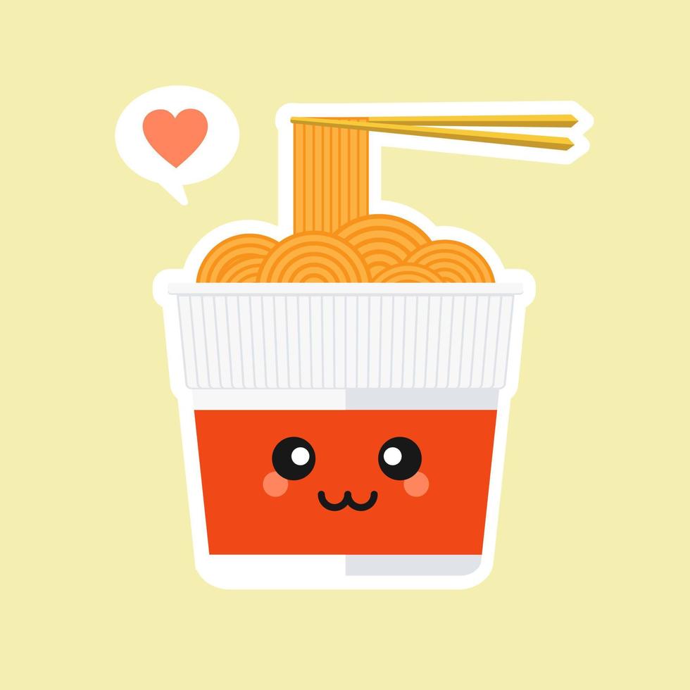 Cute and kawaii instant ramen cup character in flat style. Noodle cup with chopstick cartoon illustration with emoji and expression. Can use for restaurant, resto, mascot, chinese. japanese, asian vector