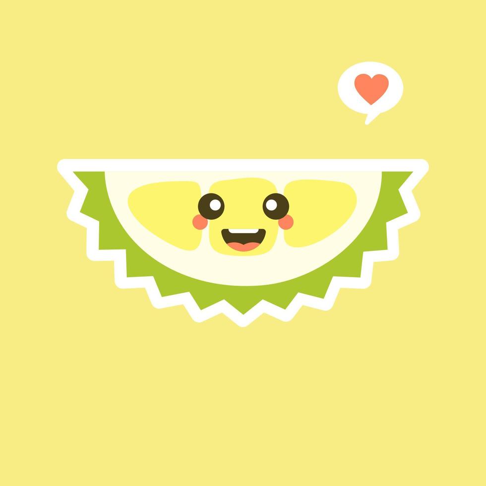 Funny and kawaii durian fruits. Cute Durian character with face expression and emoji . Vector illustration. Use for card, poster, banner, web design and print on t-shirt. Easy to edit.
