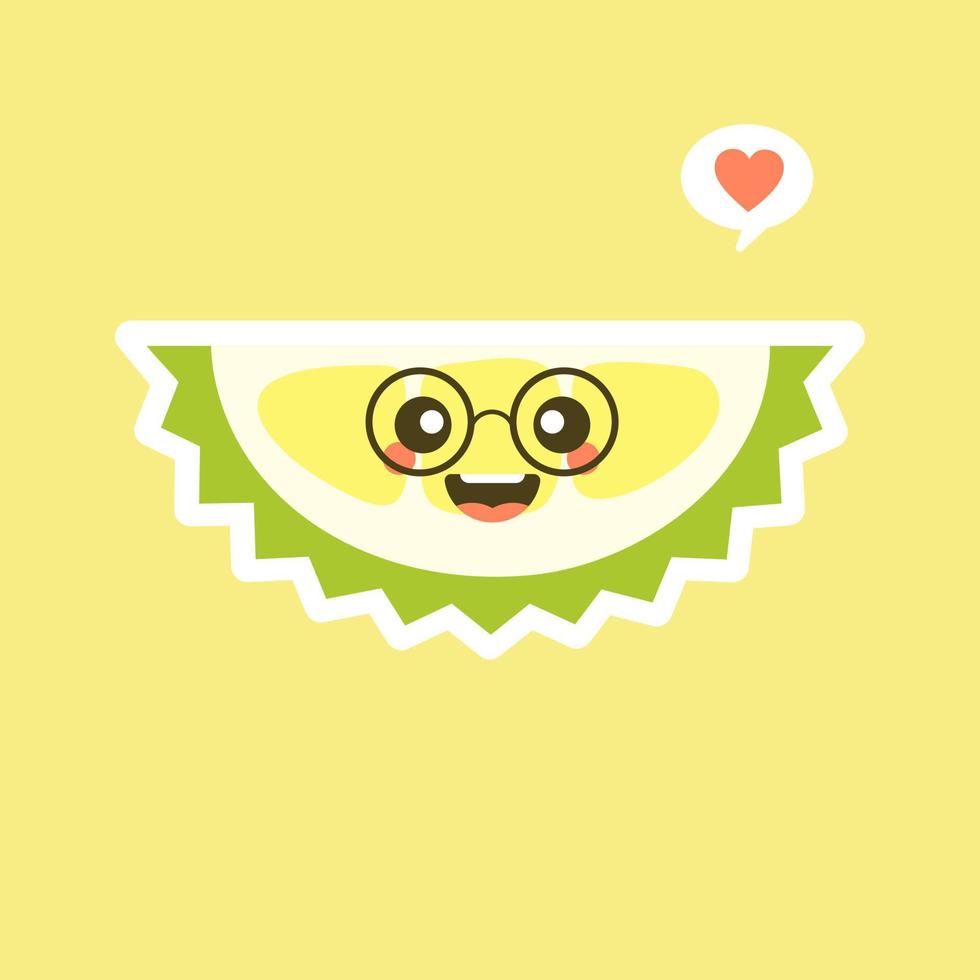 Funny and kawaii durian fruits. Cute Durian character with face expression and emoji . Vector illustration. Use for card, poster, banner, web design and print on t-shirt. Easy to edit.