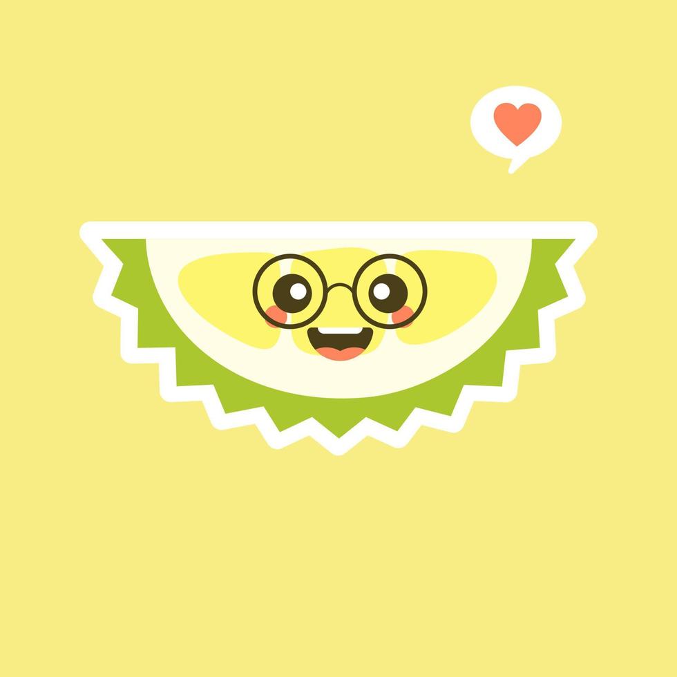 frutas durián divertidas y kawaii. lindo personaje durian con expresión facial y emoji. ilustración vectorial uso para tarjeta, afiche, pancarta, diseño web e impresión en camiseta. fácil de editar vector