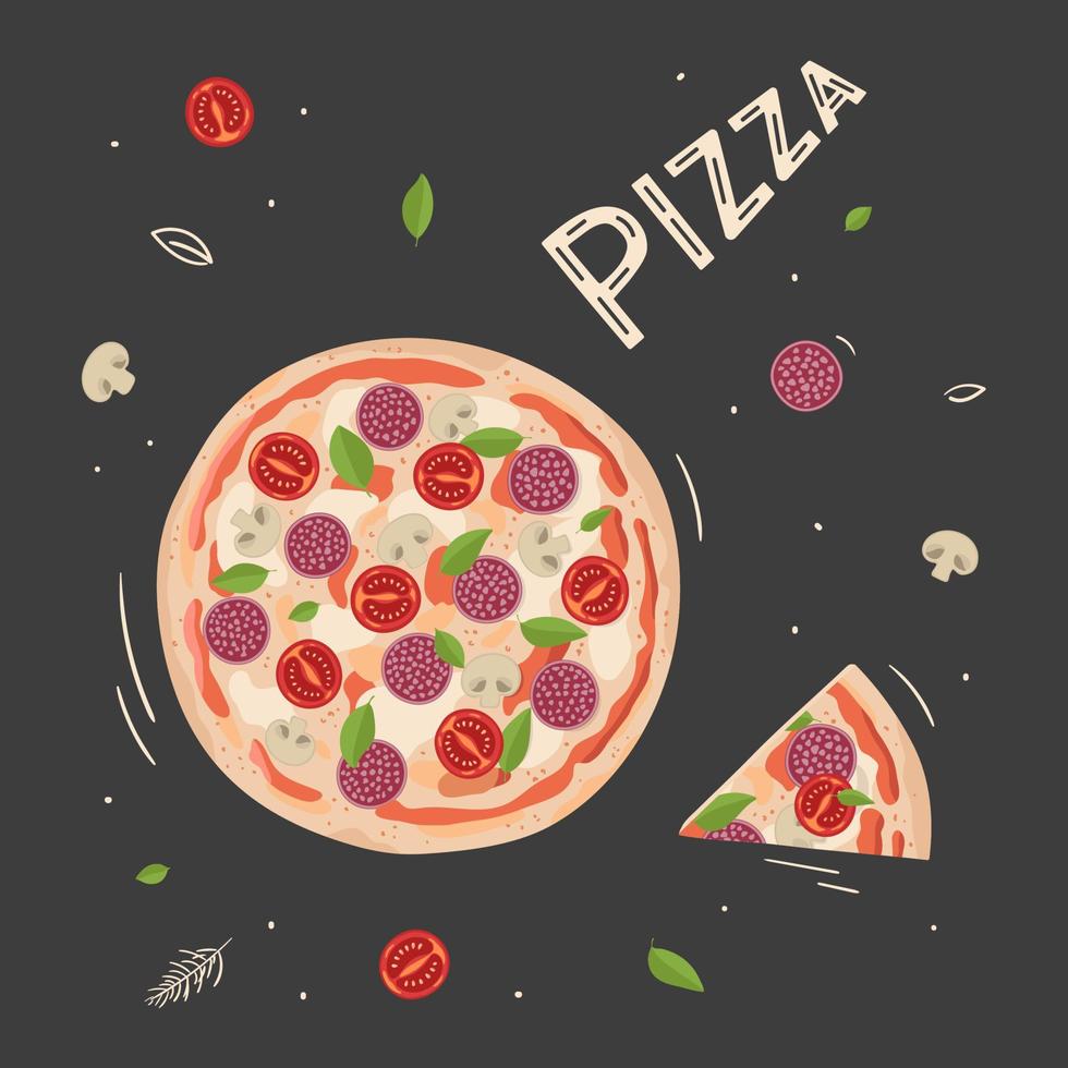 ilustración dibujada a mano con pizza y letras. diseño de comida rápida vector