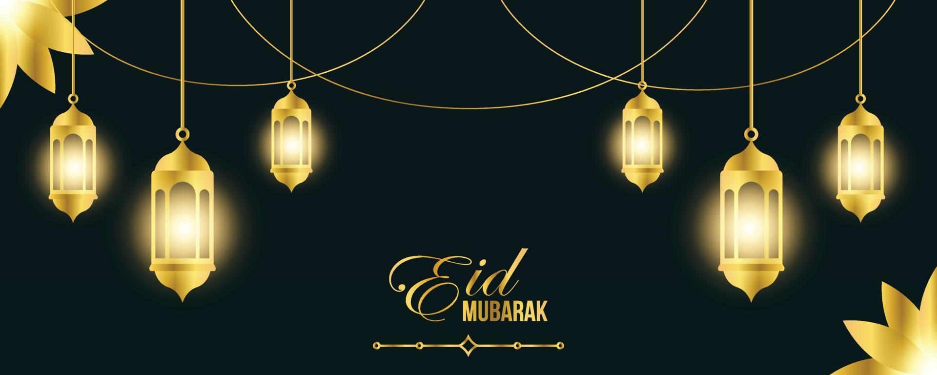 Golden Eid Mubarak Horizontal Banner and Poster Template With Illuminated Lanterns Islamic Ornament vector