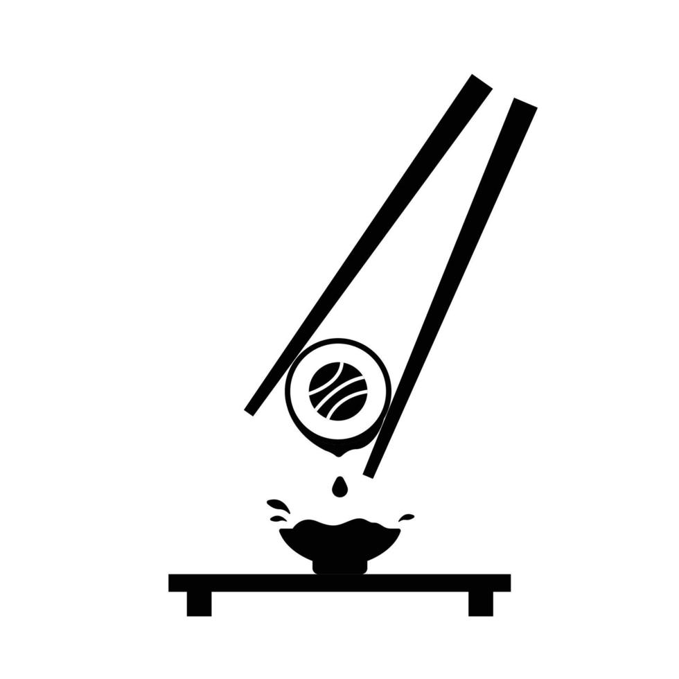 sushi y salsa de soja con silueta de palillos. elemento de diseño de icono en blanco y negro sobre fondo blanco aislado vector